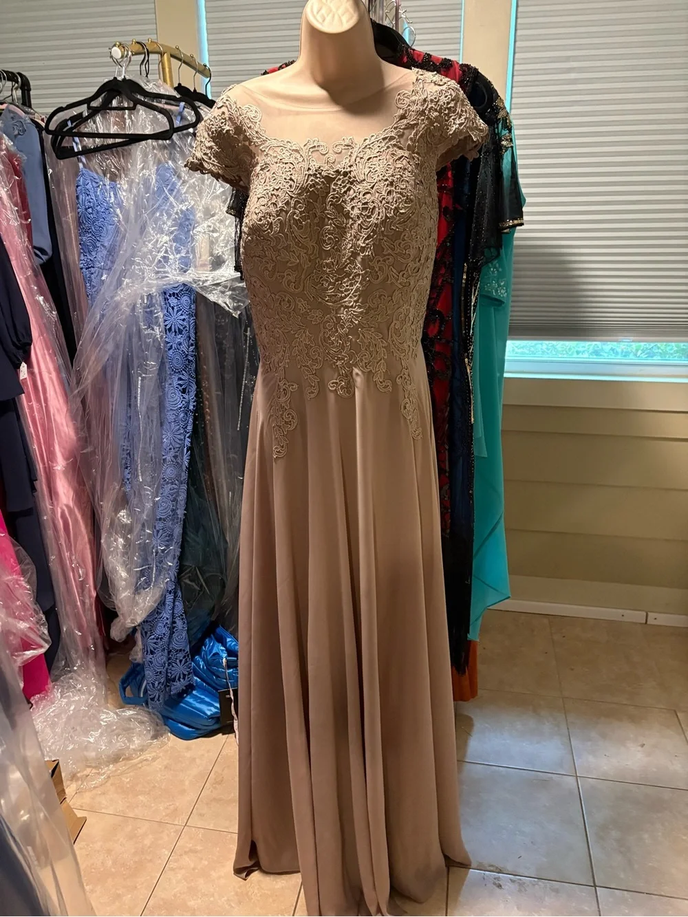 Cap-Sleeve Lace Bodice Maxi Dress in Champagne Taupe - Picture 5 of 5